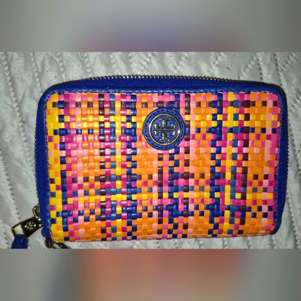 TORY BURCH JANE WOVEN LEATHER RAINBOW MULTI  WRISTLET WALLET - Picture 2 of 7